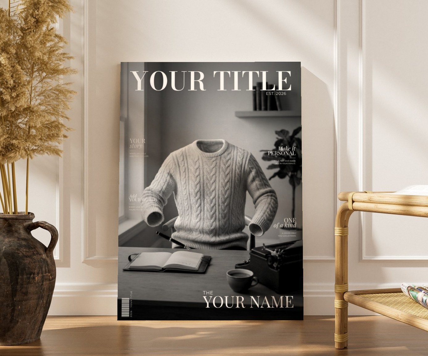 Custom Edition with a self-written header and texts, leaning against a wall